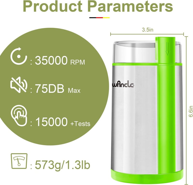 wancle Coffee Grinder, Electric Coffee Grinder, Quiet Spice Grinder, One Touch Coffee Mill for Beans, Spices and More, with Clean Brush (Green+Stainless Steel+Green) - Image 5